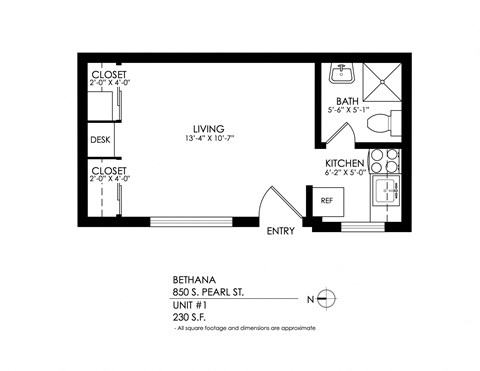 Floor plan for studio, 1 bath, 230 sqft